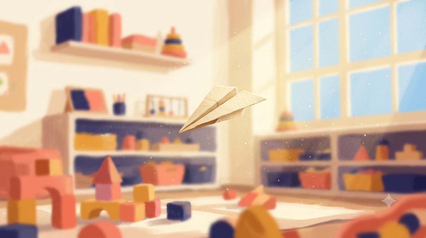Concept illustration of a paper airplane in a sunlit room