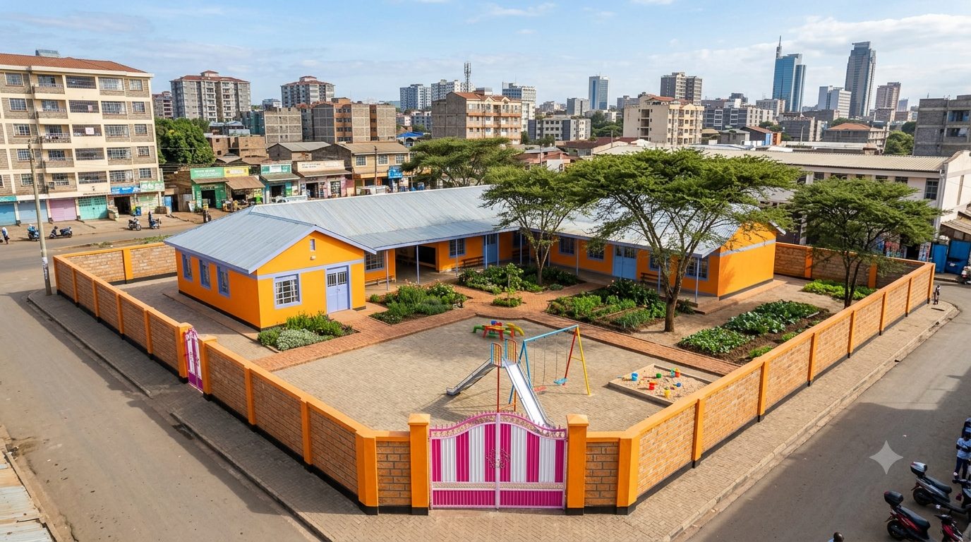 Concept illustration of a preschool compound with a playground