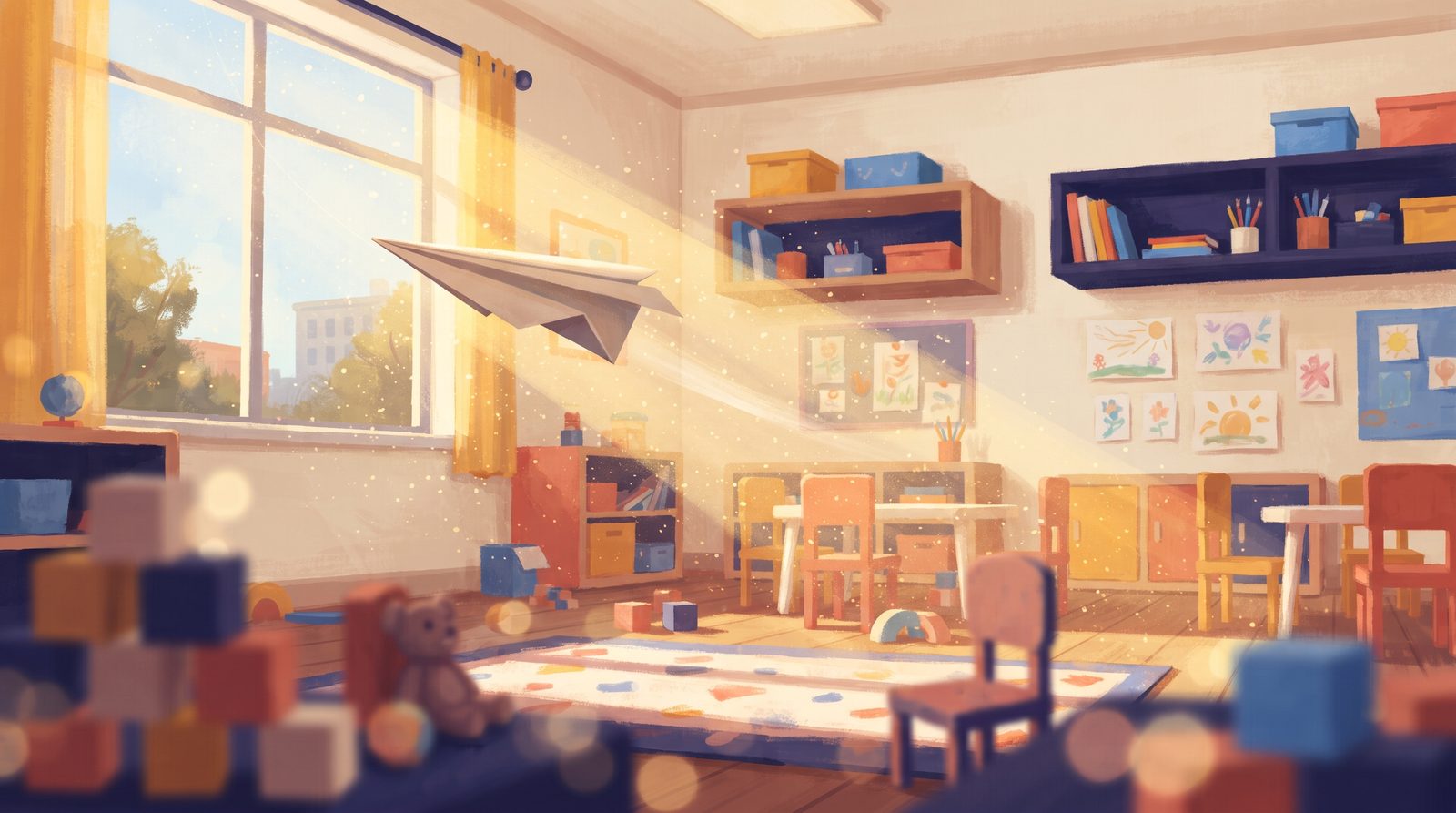 Concept illustration of a bright, sunlit preschool classroom