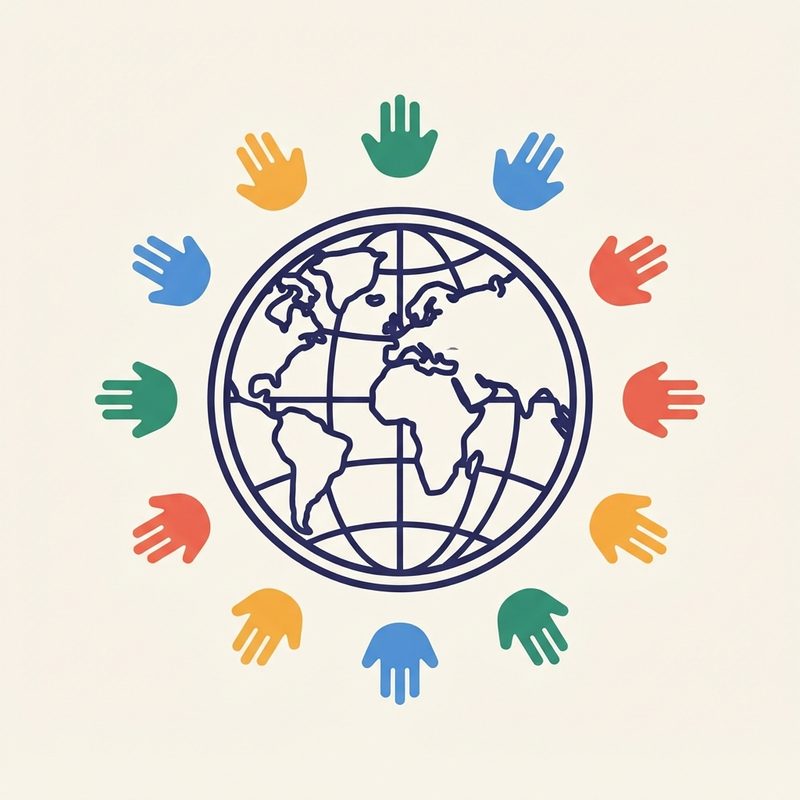 Illustrated globe encircled by children's hands